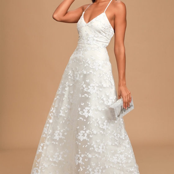 Lulus Magically Charming White Sequin Embroidered Lace-up Maxi Dress - Size M - Picture 1 of 2
